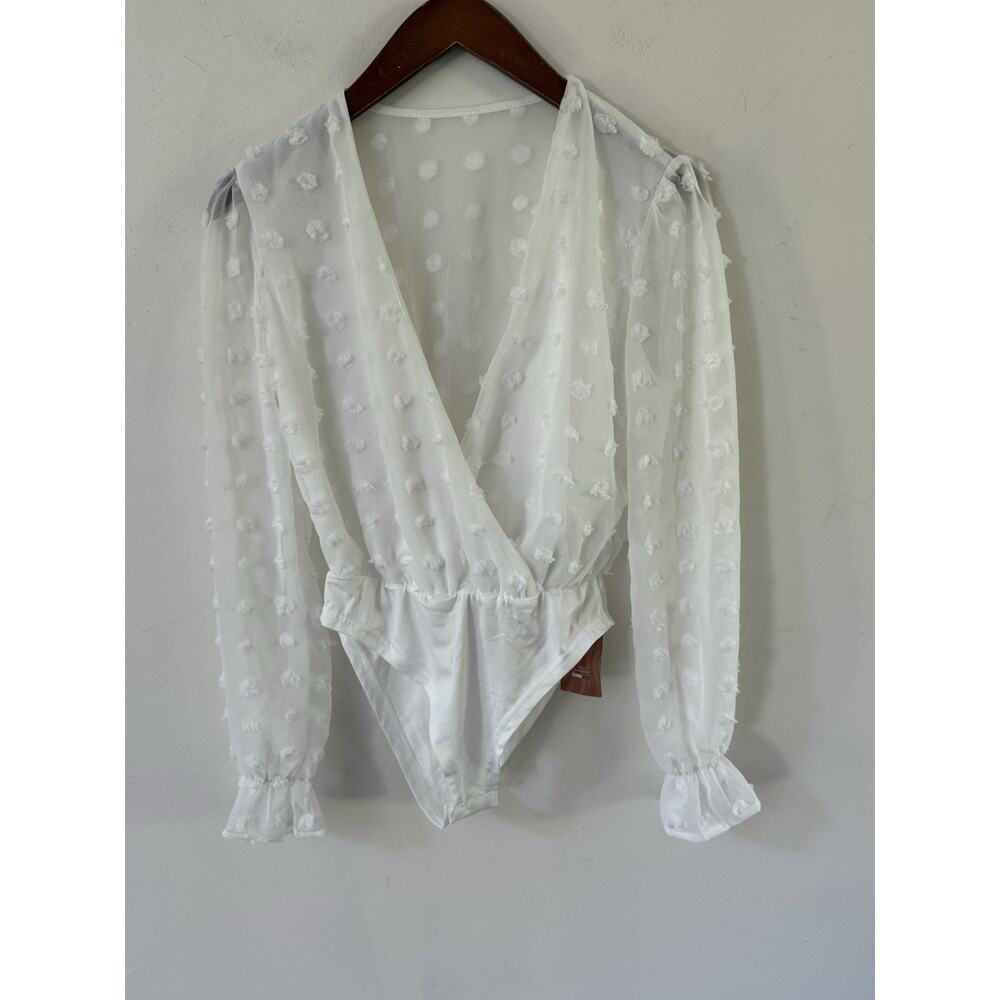 Swiss Dot Overlap Collar Flounce Bodysuit Size XS White Coquette Beachy New
